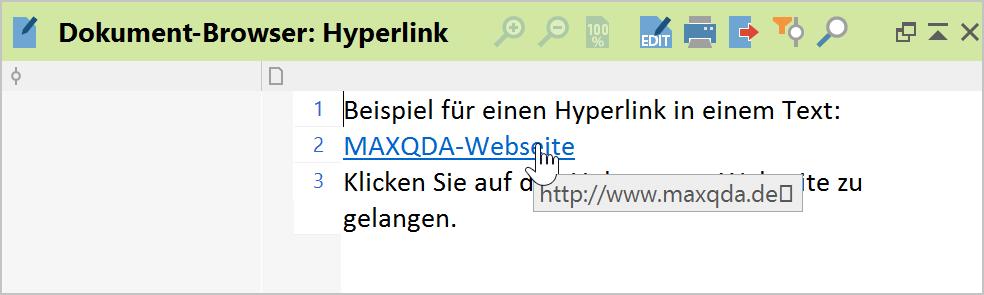 Hyperlink in einem Text Hinweis: Wenn Sie im Dokument-Browser von MAXQDA in einem Text eine Internetadresse eintippen, wird er nach dem Schließen des Edit-Modus automatisch zu einem anklickbaren