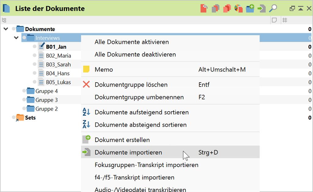 einfügen. Dokument einfügen mit Hilfe des Kontextmenüs einer Dokumentgruppe Es öffnet sich daraufhin ein Dateidialog, in dem Sie die einzufügende Datei auswählen.