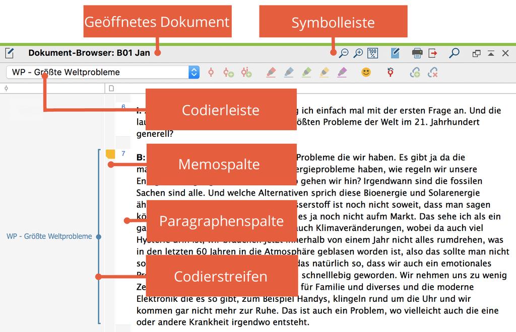 Aufbau des Fensters Dokument-Browser Im Titel des Fensters steht der Name des geöffneten Projekts und auf der rechten Seite daneben befinden sich einige Symbole zur Steuerung der Ansicht.
