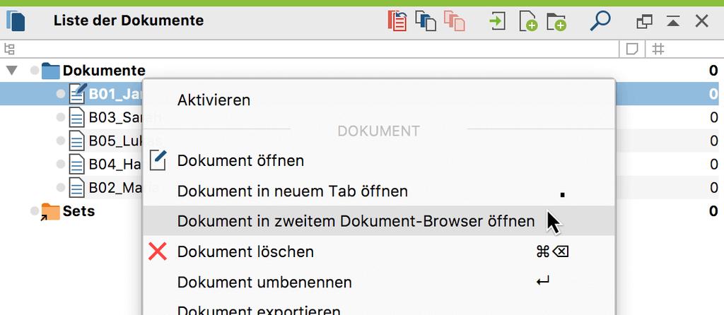 Um ein Dokument in einem eigenen Dokument-Browser zu öffnen, klicken Sie mit der rechten Maustaste auf das Dokument in der Liste der Dokumente und wählen Sie die Option Dokument in zweitem