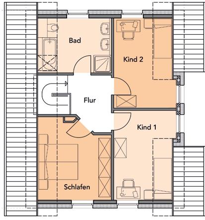 HAUSTYP K Dachgeschoss Kind 1 ca. 12 m² Kind 2 ca. 12 m² Schlafen ca. 12 m² Bad ca. 9 m² Flur ca. 5 m² Gesamt ca.