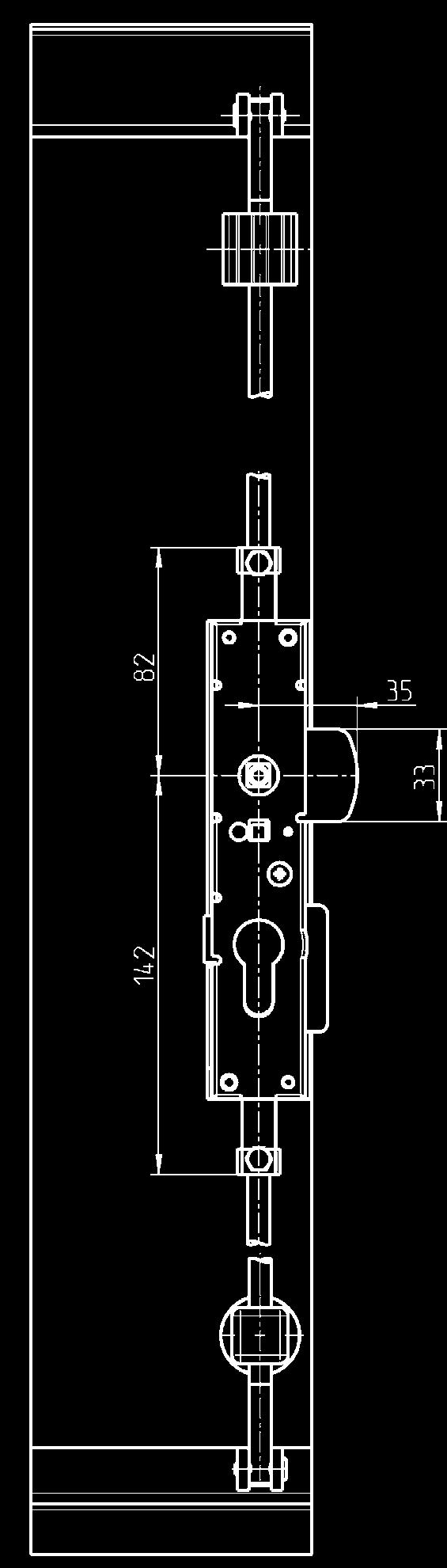 Hub 18 mm Schlossunterfütterung Stangenschloss Schlüsselfang mit Betätigung Sperrschraube nach Einbau des Profil- Halbzylinders entfernen Lochbild Anschlussstange Profil-Halbzylinder