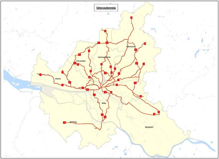Radverkehrsinfrastruktur Als wichtiges Netzelement des Analysenetzes bündeln die bezirksübergreifenden Velorouten den Alltagsradverkehr möglichst auf verkehrsarmen Straßen.