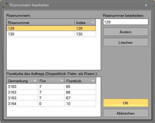 1 Rissnummerierung Bearbeiten / Löschen. Damit öffnet sich ein Dialog, in welchem alle bei dem gewählten Eintrag entstandenen Rissnummern gelistet werden.