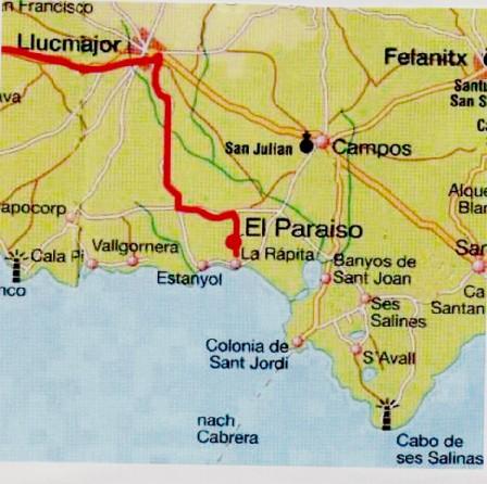 11 km (kurz nach einer nach Abzweigung Richtung Arenal, Cala Pi) biegen Sie an der Verkehrsinsel Richtung Ses