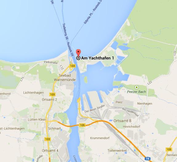 Die Anreise Yachthafen Hohe Düne Am Yachthafen 1 18119 Rostock 54 11,09 N und 12 05,87E Anreise mit dem Auto: Über die A 19 / A 20 bis Ausfahrt Rostock-Ost, dann auf die B 105 in Richtung Stralsund,