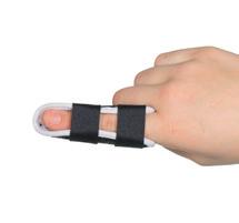 medizinische Produkte Die Sanostax comfort Fingerschienen bestehen aus einem beidseits eingebetteten Aluminiumkern. Die Körpernahe Seite ist kaschiert mit Baumwolle.