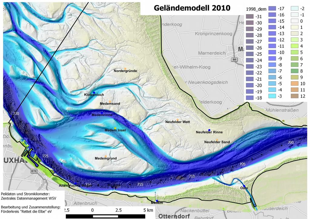 7 Abbildung 7: Geländemodell der Elbmündung 2010; die Höhen/Tiefendaten wurden mit einer Schummerung überlegt, um Strukturen zu verdeutlichen; die Ortsmarken wurden der neuen Topografie angepasst bis