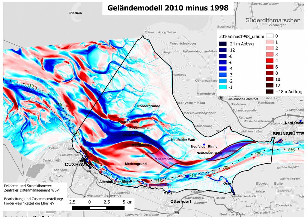 8 Abbildung 8: Eorosion und Auflandung in der Elbmündung von 1998 bis 2010 Auf einer Fläche von 152 km² wurde Sediment abgetragen 267 Mio.