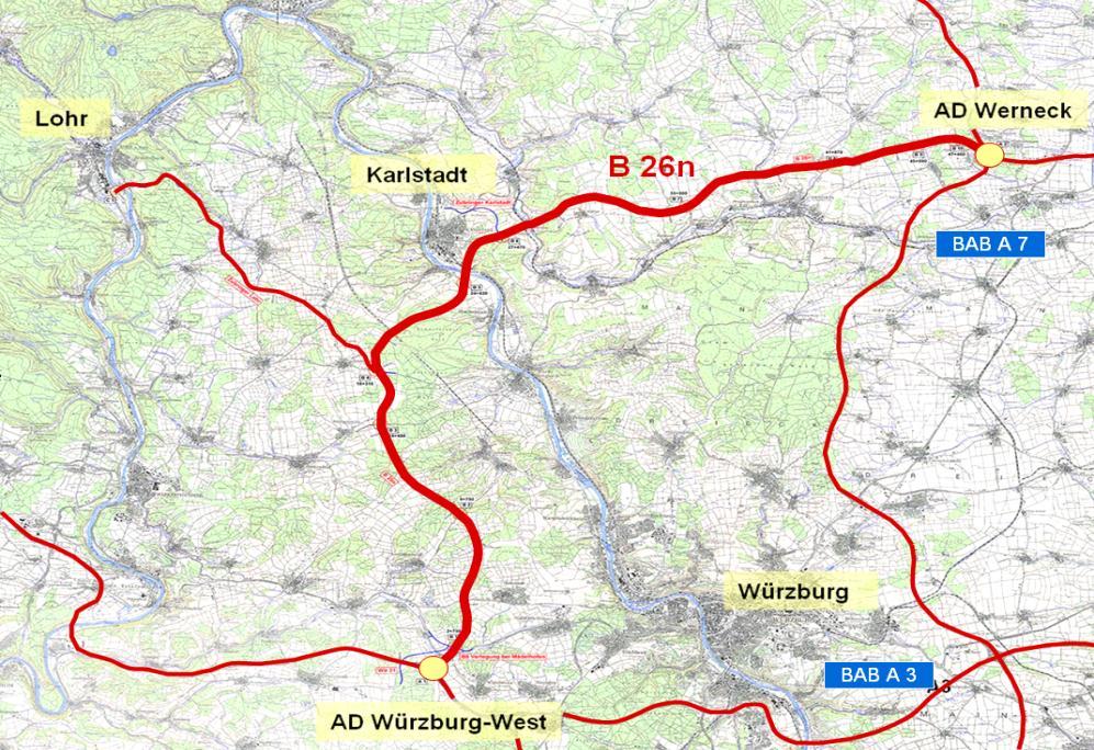 B 26n westl. AD Würzburg-West bis AD Werneck Staatliches Bauamt Würzburg Länge: rd. 49 km Kosten: rd. 500 Mio. DTV: 35.000 Kfz/24h bis 42.000 Kfz/24h Zubringer Lohr: 7.000 11.