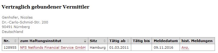24-28, 60439 Frankfurt am Main, die Ihr eine Erlaubnis nach KWG 32 für die Anlageberatung und -vermittlung erteilt hat. Alle vertraglich gebundenen Vermittler der NFS sind in Deutschland registriert.