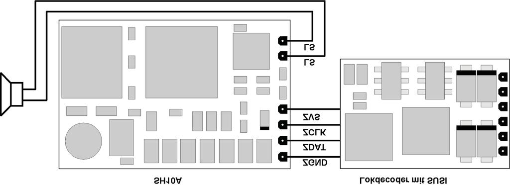 Funktionsausgänge: Die Funktionsausgänge AUX1, AUX2 befinden sich auf der Unterseite des Soundmoduls und müssen mit extra Drähten mit den Schaltverstärkern verbunden werden (siehe Bild Seite 2).