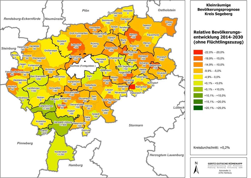 Abb. 23: Bevölkerungsentwicklung Gemeinden 2014-2030 (ohne Flüchtlingszuzug) Kartengrundlage: GeoBasis-DE / BKG 2016 Die Ursachen für die skizzierte Bevölkerungsentwicklung werden aus der