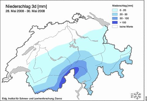 Abb. 4: Drei-Tages-Niederschlagssumme gemessen an den automatischen ANETZ- und IMIS-Stationen. Die Niederschlagsmengen entsprechen oberhalb von rund 3500 m Zentimetern Neuschnee.