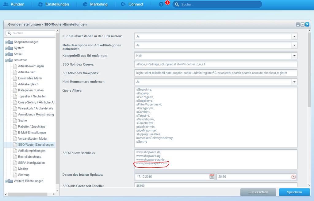 Bedienung des RichSnippets: SEO-Konfiguration : Für das RichSnippet ist es zunächst erforderlich, den darin enthaltenen Link zu provenexpert im Shopware-Backend freizugeben.