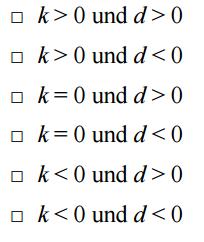 13 Lineare Funktion Gegeben sei eine lineare Funktion f mit der Gleichung f(x) = kx + d. Bei welcher Wahl der Parameter k und d verläuft der Graf von f durch den 1., 2. und 4.