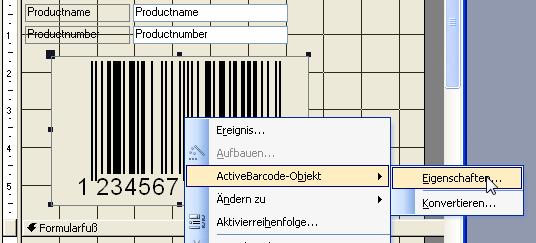 Es öffnet sich der Eigenschaftendialog von ActiveBarcode, in dem Sie alle Einstellungen des Barcodes vornehmen können.