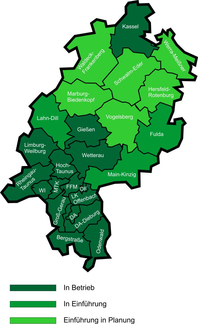 Umsetzung in Hessen Hessen 15 Stadt- und Landkreise in Betrieb 6 Stadt- und