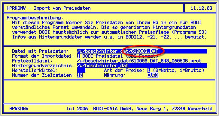 Tragen Sie den Dateinamen ein, im Beispiel aus dem vorigen Abschnitt 610003.DAT und starten Sie die Konvertierung.