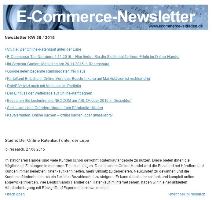 ibi research Seite 55 Immer aktuell informiert: Der E-Commerce-Newsletter Alle zwei Wochen die aktuellsten Informationen rund um die Themen E-Commerce und E-Payment sowie zu allen Neuigkeiten aus dem