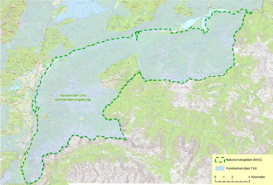 Tabelle 5: Gebiete mit gesetzlichem Schutzstatus auf den Flächen des Forstbetriebs Bad Tölz Kategorie Anzahl Anteilige Fläche des Forstbetriebs (ha) Naturschutzgebiete (NSG) 8 18.