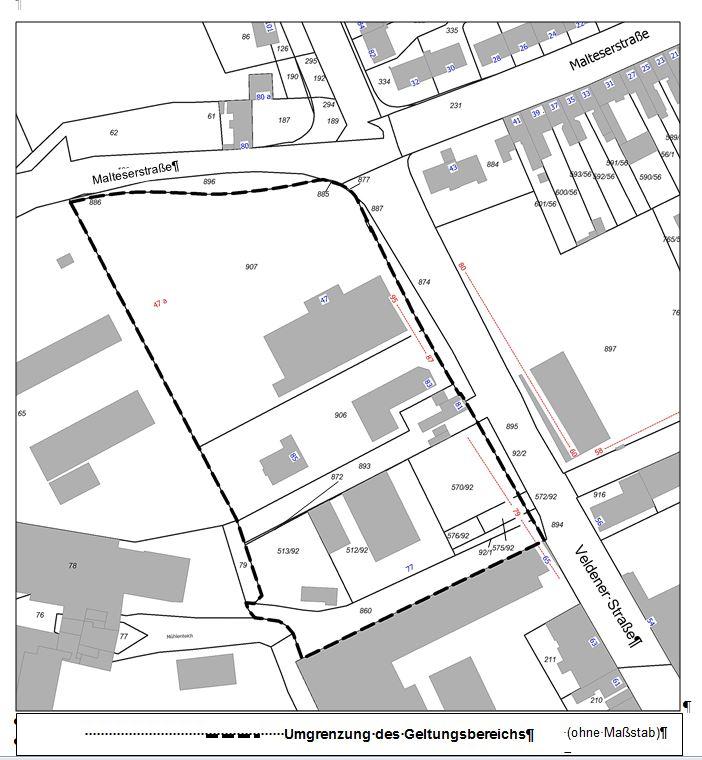 2 Das von der Veränderungssperre betroffene Gebiet wird umgrenzt von der Malteserstraße im Norden, der Veldener Straße im Osten und im Süden von der vorhandenen gewerblich genutzten Bebauung in der