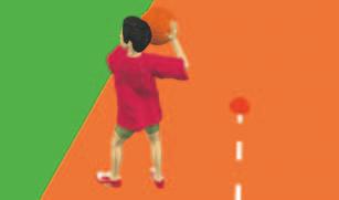 Jedes Kind stößt den mit beiden Händen gehaltenen Medizinball aus der seitlichen Stoßauslage in Richtung der markierten Zonen: Die 0,5 m breiten Bereiche, beginnend an der Abwurflinie, sind mit