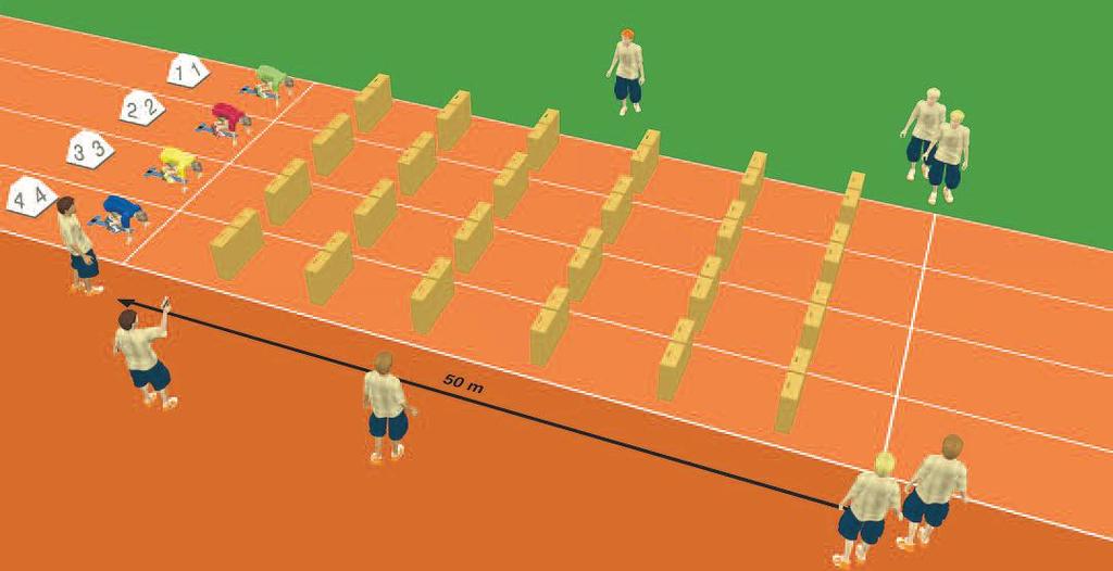 50m Hindernissprint (U12) Die Athleten starten über eine 50m-Sprintstrecke, auf der sie 6 Hindernisse (Höhe ca. 50cm) überlaufen müssen.
