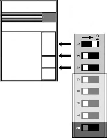 Tastenlayout: DIP-Schalter einstellen Jeder DIP-Schalter entspricht einem der drei bzw. sieben Zwischenräume zwischen zwei Steckplätzen.