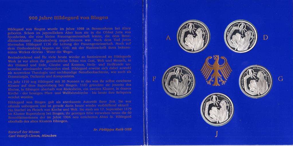 Gedenkmünzenset Westfälischer Friede, A-J, Polierte Platte 10-DM-Gedenkmünzen-Sets der Versandstelle, je 5 Münzen A, D, F, G, J,.