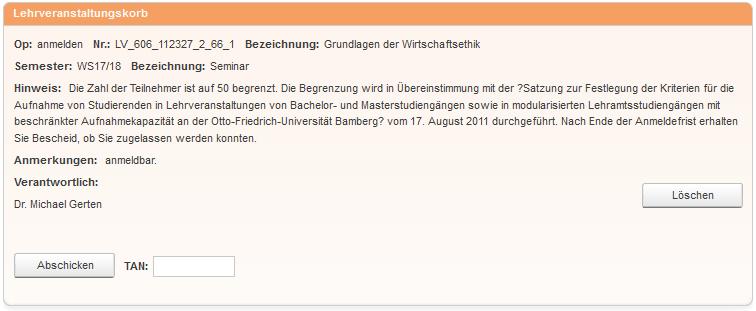 Abschicken - 17 / 20 Zum Abmelden einer bereits angemeldeten Lehrveranstaltung können Sie während der Meldefrist die Lehrveranstaltung im Fenster nur abmeldbare Lehrveranstaltungen,.