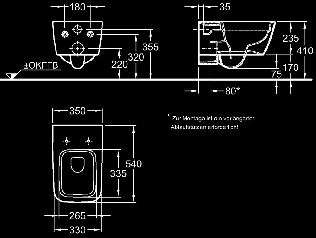 Tiefspül-WC, spülrandlos, 6 l, wandhängend, EN 997-6-AC, EN 33, für WE-Kasten oder Wandeinbau-Druckspüler