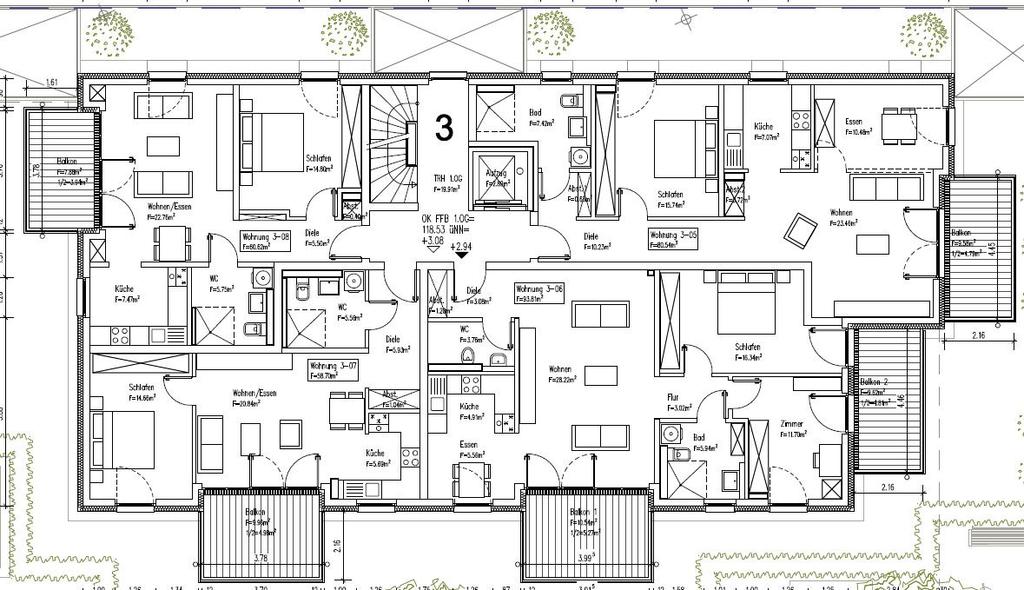 Haus 3 Wohnung 3-08 Wohnung 3-05 T Terrasse/ jeweils zur Hälfte berechnet Wohnung 3-07 Wohnung 3-06 Zi.- Whg. 3-08 ca. 61 m² Wohnen ca. 57 m² ca.