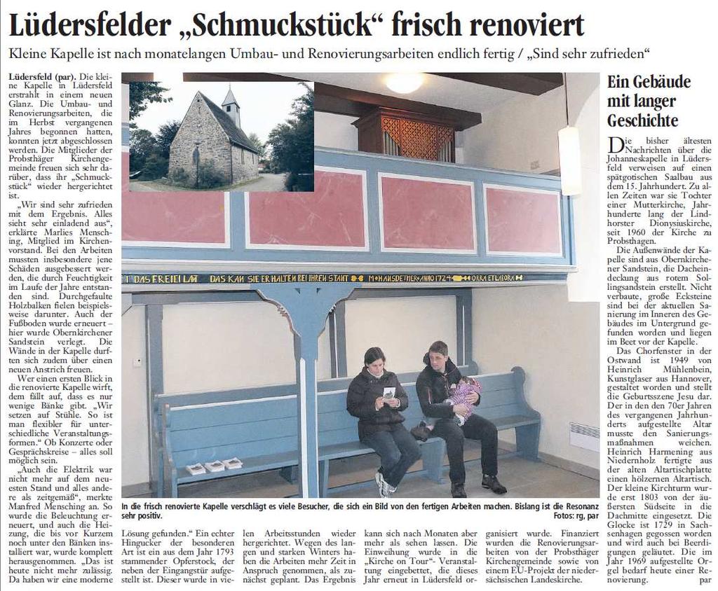 zum Leader-Projekt Kapelle Lüdersfeld (Schaumburger Nachrichten, 15.07.