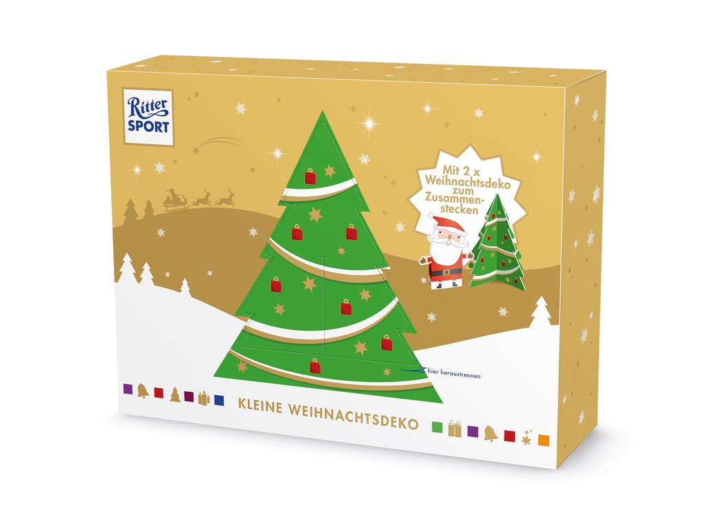Wer in diesem Jahr etwas Neues sucht, wird bei Ritter Sport fündig: Die Kleine Weihnachtsdeko verbindet leckere Schokolade mit zwei