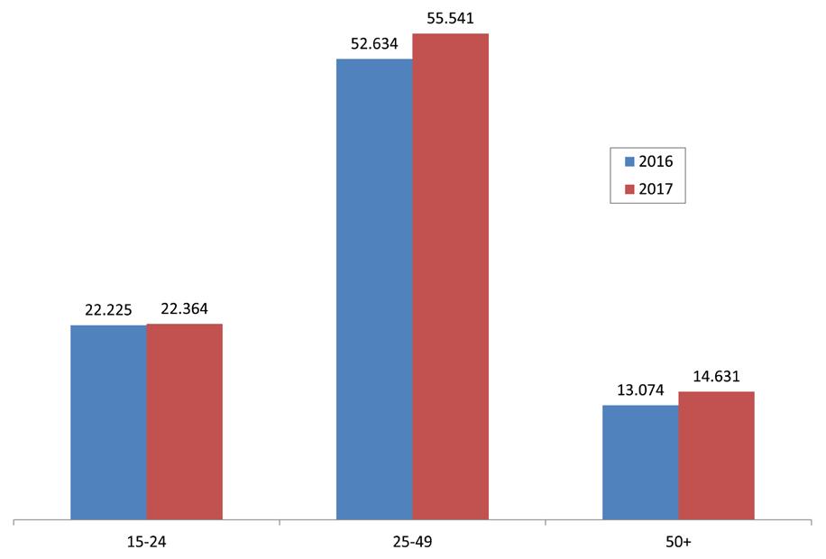 Arbeitsaufnahmen nach Altersgruppen (2016/2017) Steigende Stellenbestände Auch für heuer erwartet das AMS OÖ eine hohe Arbeitsmarktdynamik. Die Zahl der Beschäftigten soll demnach um ca. 8.