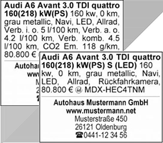 Fahrzeuganzeigen in der Nordwest-Zeitung 3 Fließtext-Anzeige Angabe von Verbrauchswerten für Neuwagen möglich Breite: 1
