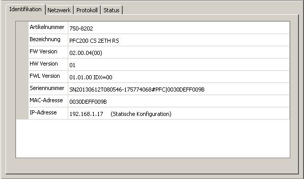 WAGO-I/O-SYSTEM 750 In Betrieb nehmen 109 7.8.3.1 Registerkarte Identifikation Hier finden Sie einen Überblick über das angeschlossene Gerät.