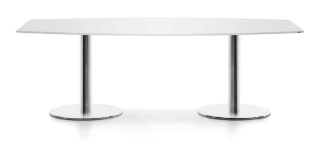 The pedestal base tables in an oval or barrel shape are suitable as conference and meeting tables for 8-12 people.
