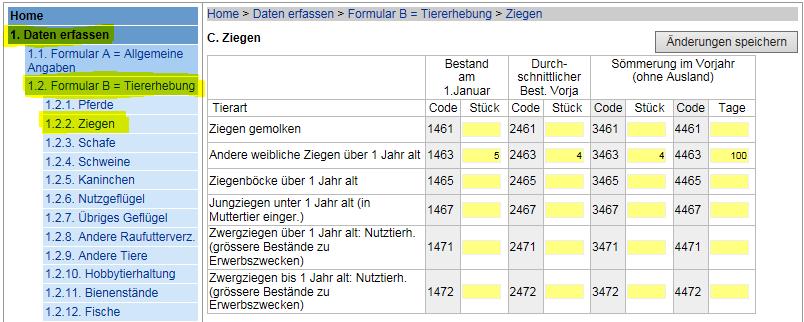 1.2.2. Ziegen Bitte erfassen Sie in dieser Maske den Bestand am 1. Januar 2018 und den durchschnittlichen Bestand vom 1. Januar 2017 bis zum 31.