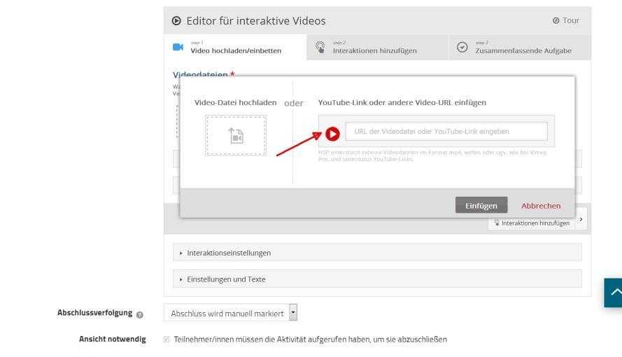 Content-Typ Interactive Video konfigurieren Der Editor erscheint und weist Sie auf die zwei grundlegenden Schritte hin: 1. Video hinzufügen und 2.