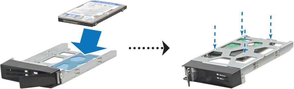 Bei 2,5" Festplatten: Legen Sie die Festplatte in den blauen Bereich im Festplattenfach (siehe unten), drehen Sie das Fach um und ziehen Sie dann die Festplatte mit den Schrauben fest.