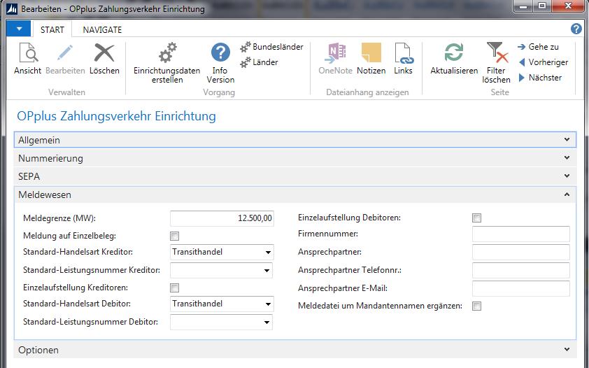 Register Meldewesen Option Meldegrenze (MW) Meldung auf Einzelbeleg Handelsart aus Kreditor verwenden Standard- Handelsart Kreditor Standard- Leistungsnummer Kreditor Einzelaufstellung Kreditor