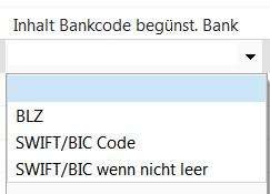 SWIFT/BIC Code wenn nicht leer o Wenn gefüllt, wird der BIC Code exportiert; ansonsten die BLZ Inhalt Bankcode begünst.