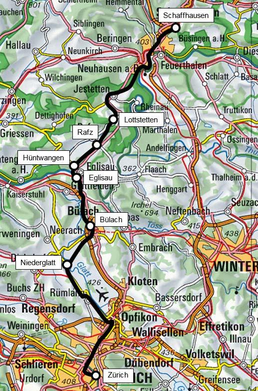 Abbildung 2: Übersichtskarte für die Strecke zwischen Zürich und Schaffhausen. Die schwarze Linie zeigt die Streckenführung zwischen Zürich und Schaffhausen.
