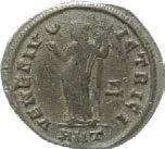 : Tempel mit vier Säulen, darin empfängt stehender Kaiser von sitzender Roma einen Globus. Drost 35; RIC VI, S. 325, 113.