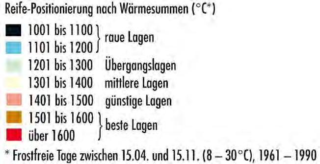 Wärmeangebot in Deutschland Wärmesumme frostfreie Tage 15.04.-15.11. (1961-1990) nur in mittleren, günstigen und besten Lagen d.h. im gelben, braunen und roten Gebiet!