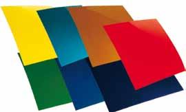 Je 3x7 Farben: Ta ges licht-blau (80A), Hell blau (82C), Laven del, Dunkel grün, Zitro nen-gelb (8), Gelb kräftig (15), Rot (25), inkl. Datenblatt mit Transmis sions spektren.