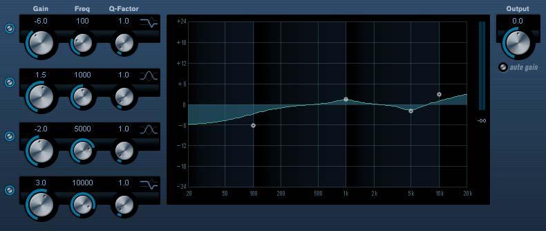 1.2.24 StudioEQ Beim StudioEQ handelt es sich um ein parametrisches Klangfilter mit vier unabhängig arbeitenden Frequenzbändern.
