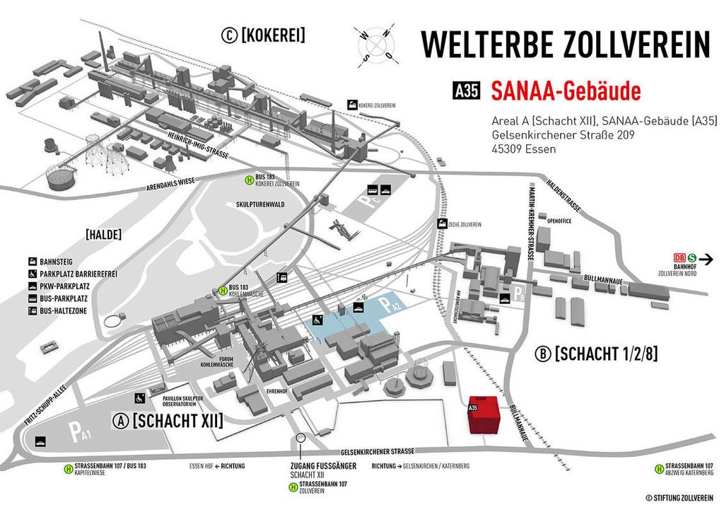 So finden Sie den Weg zum SANAA-Gebäude SANAA-Gebäude, Gelände Zeche Zollverein Essen Gelsenkirchener Straße 209, 45309 Essen www.folkwang-uni.